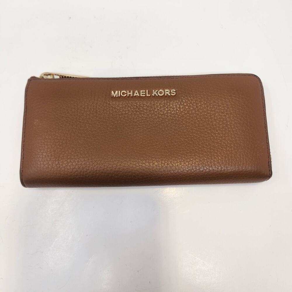 Michael Kors Brown Pebbled Leather Three Quarter Zip Wallet Gold Tone Logo